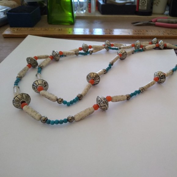 Imported simulated blue turquoise beaded tribal style long strech necklace coral - Picture 6 of 6